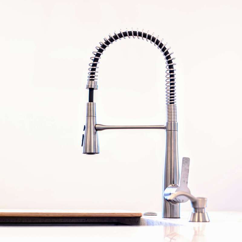 stainless steel gooseneck kitchen faucet with built-in soap pump