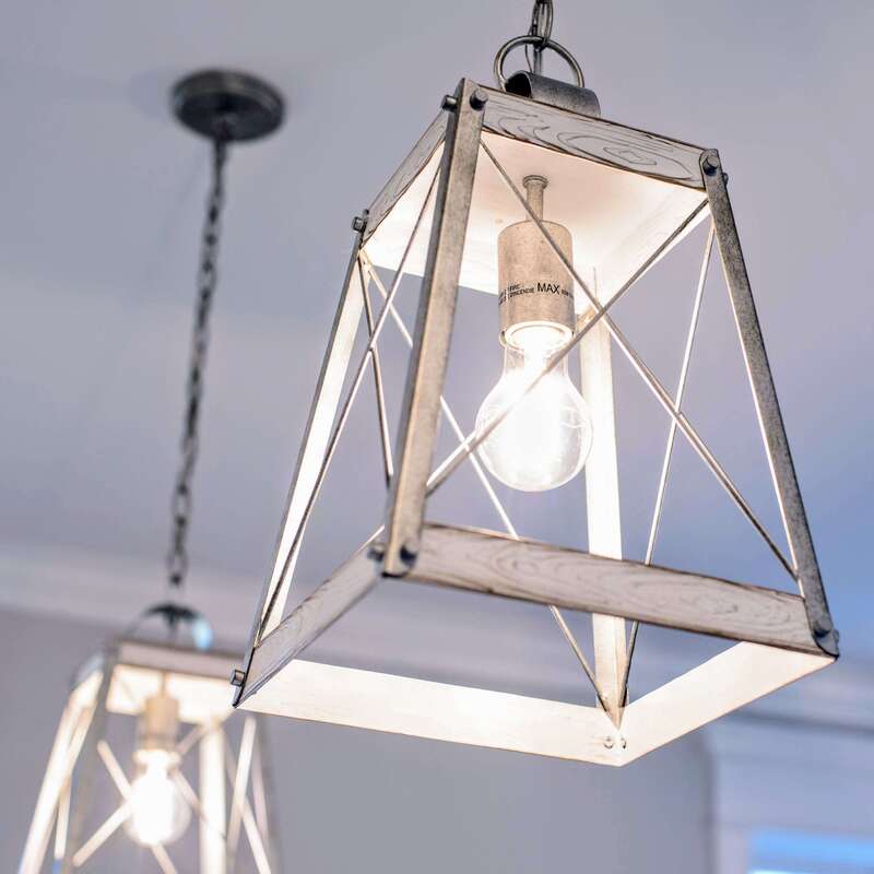 kitchen chandelier-style single bulb drop lights detail
