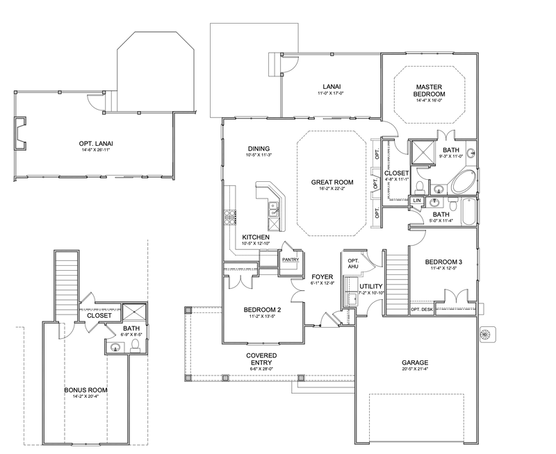 Summerville floor plan with optional lanai extension and room over garage